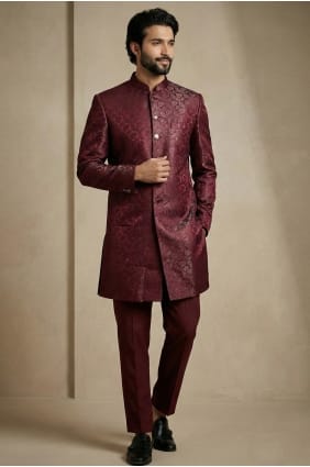 Kurta pour homme bordeaux foncé à motifs jacquard KURR267