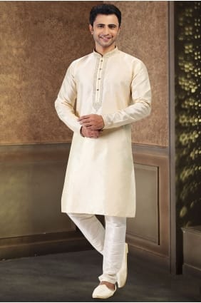 Kurta pour homme couleur crème brodée jacquard avec dupatta KURR614