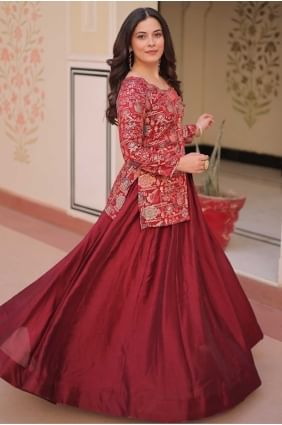 Lehenga Choli Bordeaux en Jacquard avec Dupatta LC8517