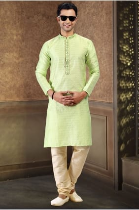 Kurta pour homme en jacquard brodé couleur pistache avec dupatta KURR619