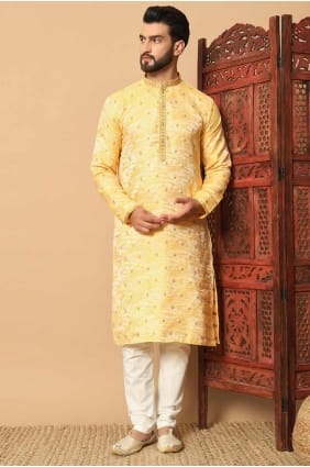 Jacquard homme Kurta avec brodé en jaune KURR429