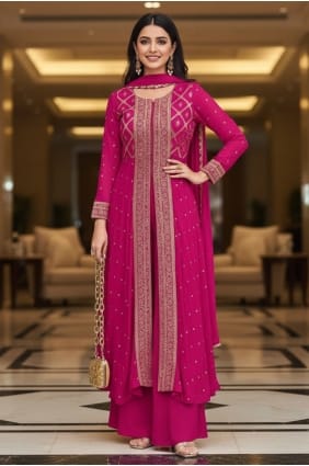 Ensemble palazzo rose brodé jacquard avec dupatta PZ4481