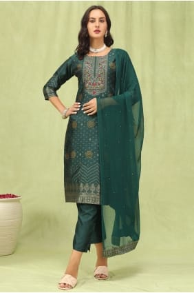 Salwar Kameez vert brodé en jacquard SK15838