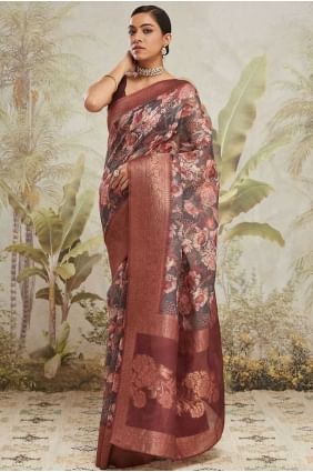 Sari marron avec tissage en soie jacquard SR28663