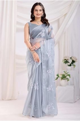sari en satin gris avec broderie SR28173
