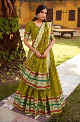 Chanderi Lehenga Choli en vert Mehendi avec Kundan LC8897
