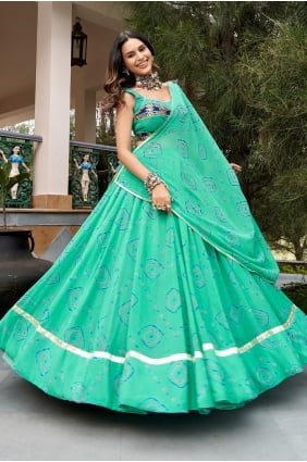 Lehenga Choli vert d'eau en georgette avec bordure en dentelle LC9260
