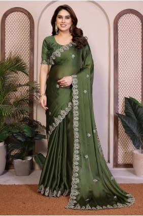 Sari à bordure en dentelle en satin vert SR29630