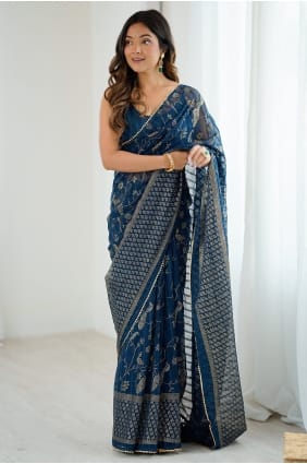 Sari en georgette turquoise avec dentelle SR30009