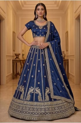 Lehenga Choli bleue en soie avec dentelle LC9031