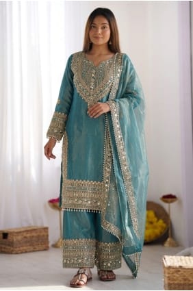 Ensemble palazzo en dentelle et soie bleue PZ4484