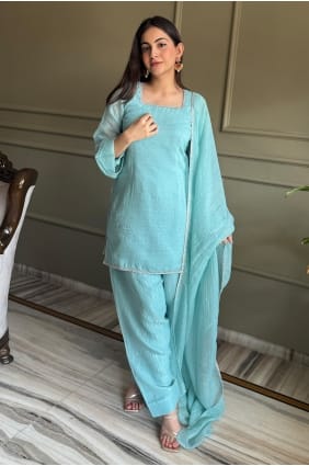 Salwar Kameez en dentelle de soie bleu ciel SK15745