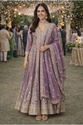 Ensemble Anarkali en soie brodée lavande avec dupatta AS4269