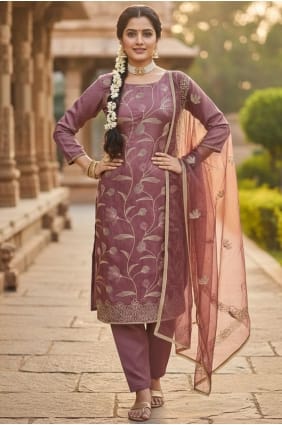 Salwar Kameez lavande en coton brodé SK15699