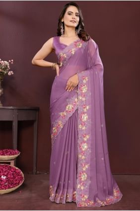 Sari en georgette brodée couleur lavande SR28886