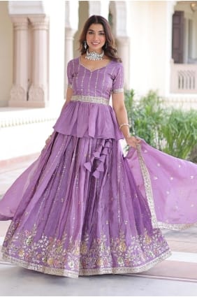 Ensemble Lehenga pour l'Aïd en soie lavande avec broderies LS083