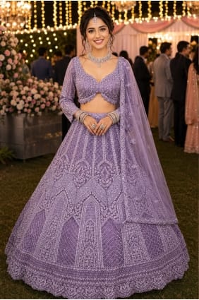 Lehenga Choli de fête brodée lavande en tulle LC9074
