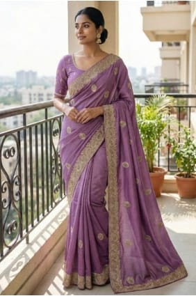 Sari en soie brodée lavande SR29636
