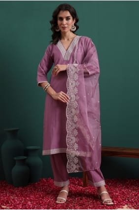 Costume droit en soie lavande brodée SK15729
