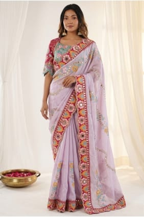 Sari de soirée brodé lavande en soie SR30111
