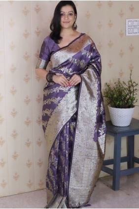 Sari en soie Banarasi lavande tissée SR28978