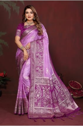 Sari en satin lavande avec zari et chemisier assorti SR29929
