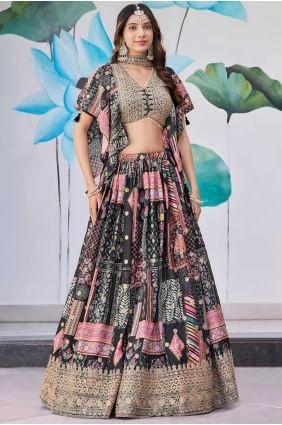 Lehenga Choli noir avec mousseline Chinon à imprimé numérique LC8548