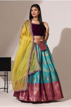 Lehenga Choli en soie bleu et rose brodée LC9020