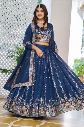 Lehenga Choli en soie brodée bleue LC8889