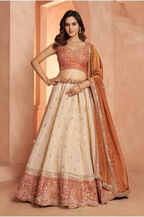 Lehenga Choli en tissu crème avec mains LC9119