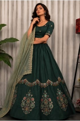 Lehenga Choli en soie avec fil vert LC9148