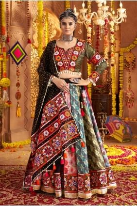 Lehenga Choli Multicolore en Rayon avec Dupatta Noir LC8542