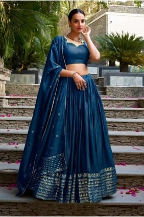 Lehenga Choli bleu marine tissé en Chanderi LC8891