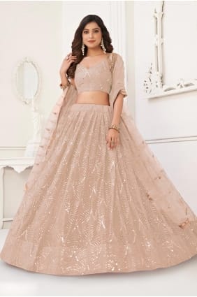 Lehenga Choli en filet couleur pêche LC8957