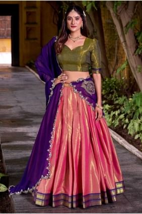 Tissage de Lehenga Choli en soie rose avec Dupatta LC8610