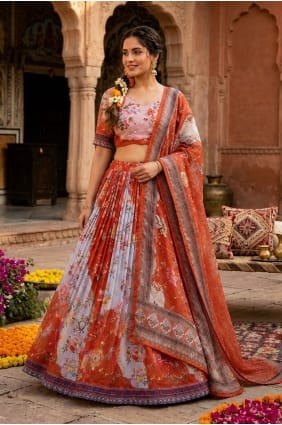 Lehenga choli en soie imprimée couleur rouille LC9130