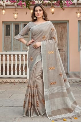 Sari beige clair brodé en lin avec chemisier assorti SR29943