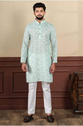 light green men kurta in digital print linen KURR479