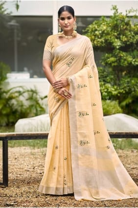 Sari en lin pêche clair avec tissage SR29916