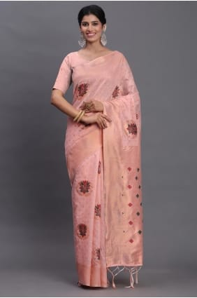 Sari en lin rose clair tissé SR29041