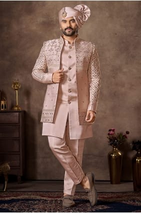 Kurta pour homme en soie brodée rose clair KURR252
