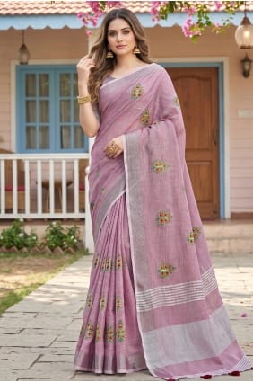 Sari en lin brodé de couleur violet clair SR29944