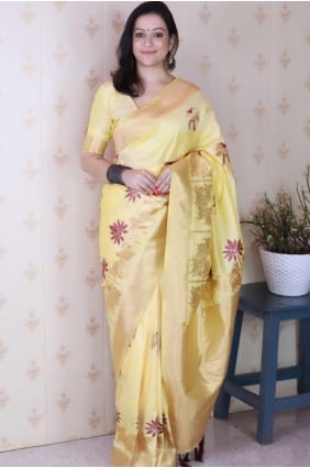 Sari jaune clair en soie tissée SR28973