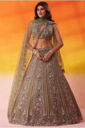 Lehenga Choli vert citron en résille brodée LC8862