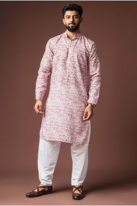 Kurta pour homme en lin imprimé numérique rose avec dupatta KURR588