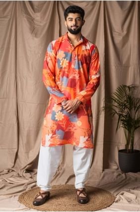 Kurta pour homme en lin orange imprimé numérique KURR598