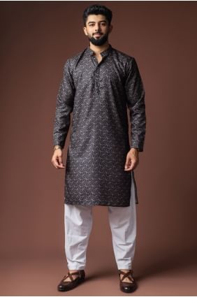 Kurta pour homme en lin imprimé numérique noir KURR576