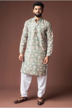 Kurta pour homme bleu-vert en lin imprimé numérique KURR584