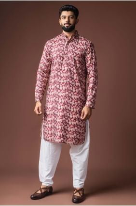 Kurta pour homme rose poudré en lin avec imprimé numérique KURR589
