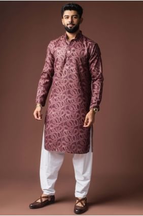 Kurta en lin pour homme, couleur bordeaux, avec imprimé numérique KURR587